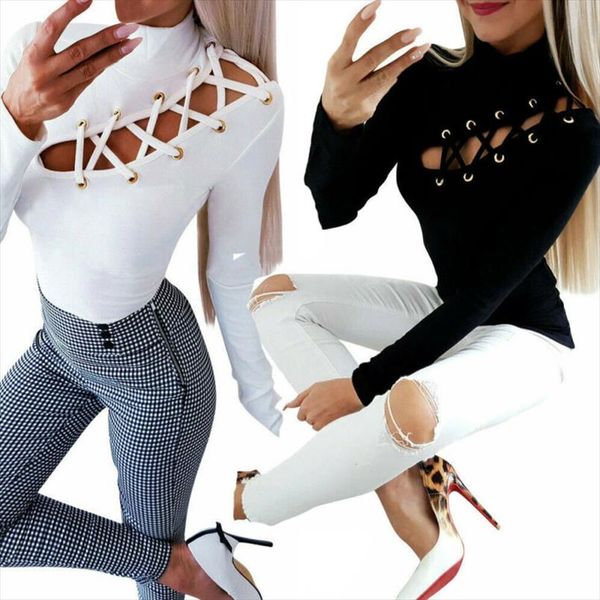 womens slim fit long sleeve t shirts lace up eyelet hollow out t shirt high neck shirts slim tee, White
womens slim fit long sleeve t shirts lace up eyelet hollow out t shirt high neck shirts slim tee, White