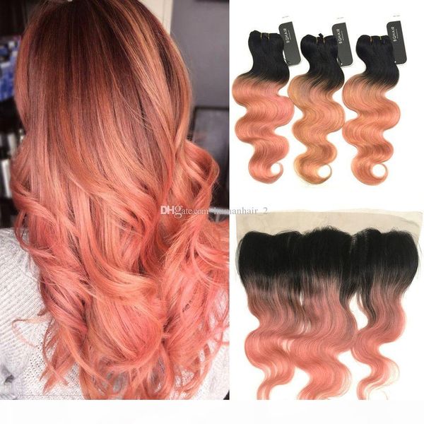 two tone # 1b rose gold lace фронтальное закрытие с волосами связка из розового золота ombre тело волнового virgin ткет волос с 13 * 4 lace, Black;brown 
two tone # 1b rose gold lace фронтальное закрытие с волосами связка из розового золота ombre тело волнового virgin ткет волос с 13 * 4 lace, Black;brown