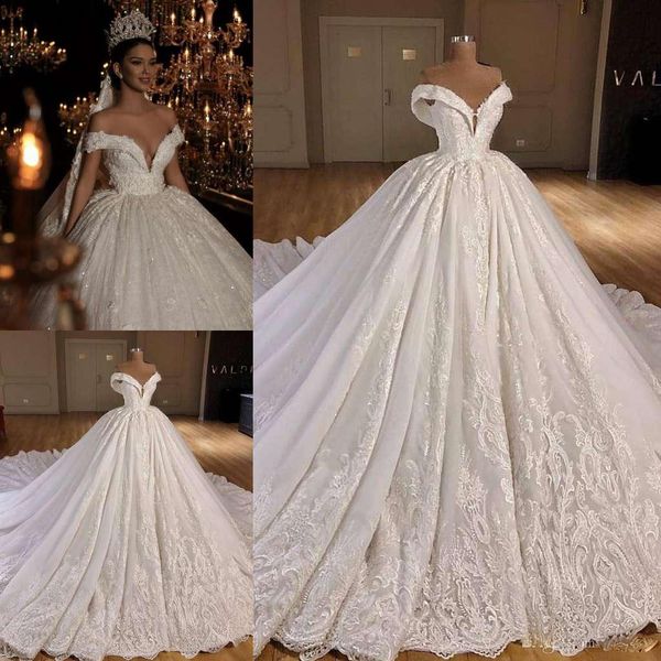 2021 luxury ball gown wedding dresses off the shoulder lace sequins sweep train bridal dress plus size robe de mariée, White
2021 luxury ball gown wedding dresses off the shoulder lace sequins sweep train bridal dress plus size robe de mariée, White