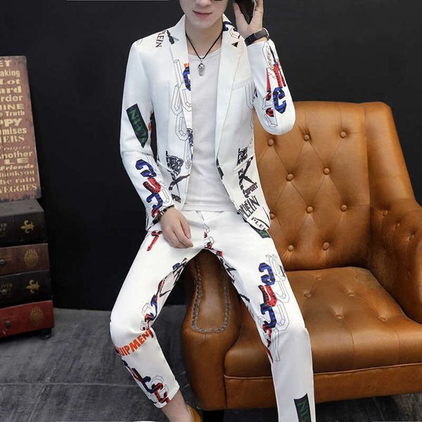 letter autumn printed 2020 new men's slim two piece suit, White;black
letter autumn printed 2020 new men's slim two piece suit, White;black