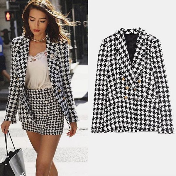 stylish houndstooth double breasted blazer coat women autumn fashion long sleeve frayed trims outerwear chic plaid, White;black
stylish houndstooth double breasted blazer coat women autumn fashion long sleeve frayed trims outerwear chic plaid, White;black
