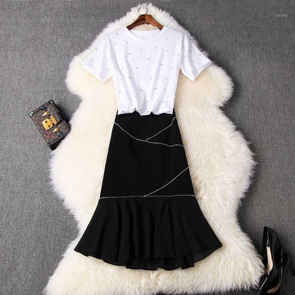 women skirt suit 2021 summer diamonds beading white t-shirt + black ruffles hem skirts casual two piece set1 dress