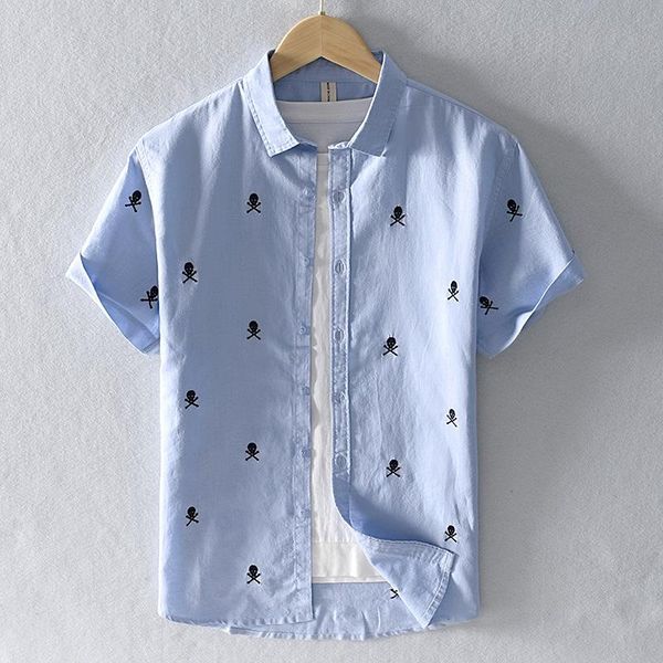 men's casual shirts skulls embroidery short sleeve shirt for men turn-down collar blue cotton linen summer fashion male, White;black
men's casual shirts skulls embroidery short sleeve shirt for men turn-down collar blue cotton linen summer fashion male, White;black