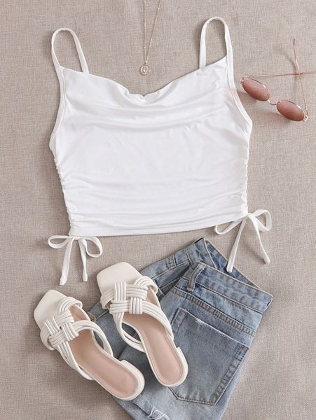 solid drawstring side crop cami f6lr#, White