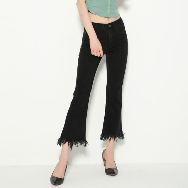 women frayed hem cropped flare jeans fashion ankle length denim flare pants with frayed hem, Black
women frayed hem cropped flare jeans fashion ankle length denim flare pants with frayed hem, Black