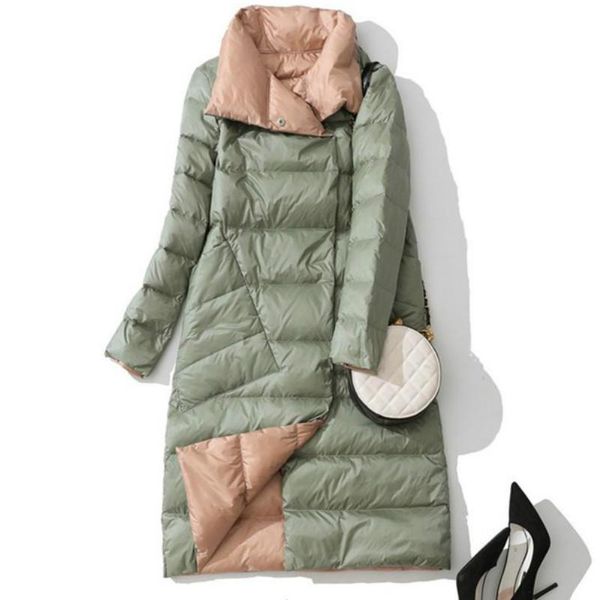 women double sided down long jacket winter turtleneck white duck down coat double breasted parkas warm snow outwear, Black
women double sided down long jacket winter turtleneck white duck down coat double breasted parkas warm snow outwear, Black