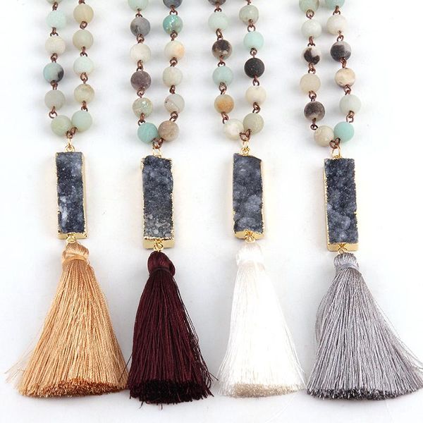 pendant necklaces fashio artisan jewelry frosted amazonite stone rectangle druzy and tassel punk for women lariat necklace, Silver 
pendant necklaces fashio artisan jewelry frosted amazonite stone rectangle druzy and tassel punk for women lariat necklace, Silver