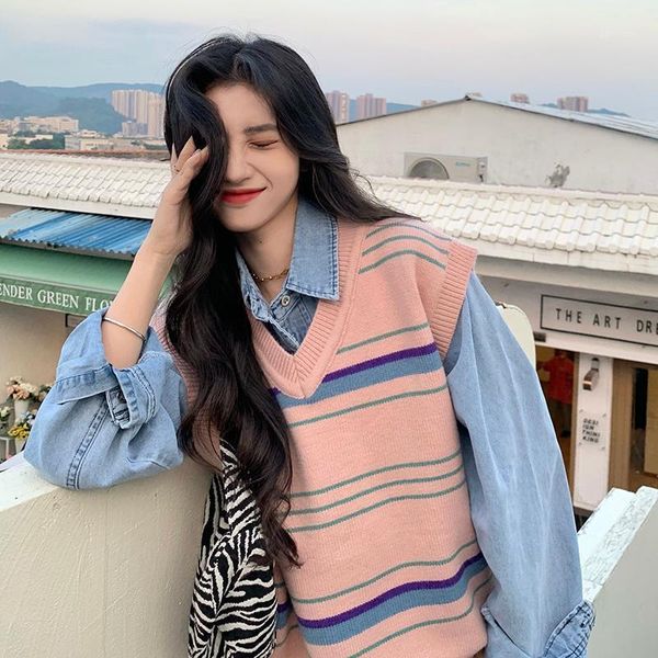 2 colors 2020 autumn and winter preppy style v neck knitted sleeveless vest sweaters womens pullovers womens1, Black;white
2 colors 2020 autumn and winter preppy style v neck knitted sleeveless vest sweaters womens pullovers womens1, Black;white