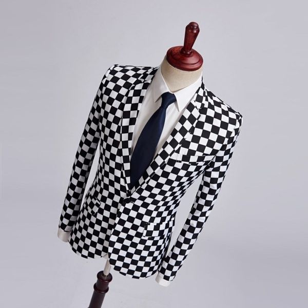 black 2020 new and korean japanese men's white plaid print suit magician's coat, White;black
black 2020 new and korean japanese men's white plaid print suit magician's coat, White;black
