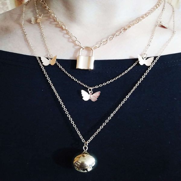 metal necklace jewelry geometric lovely lock butterfly pendant women's three-tier necklace, Silver
metal necklace jewelry geometric lovely lock butterfly pendant women's three-tier necklace, Silver