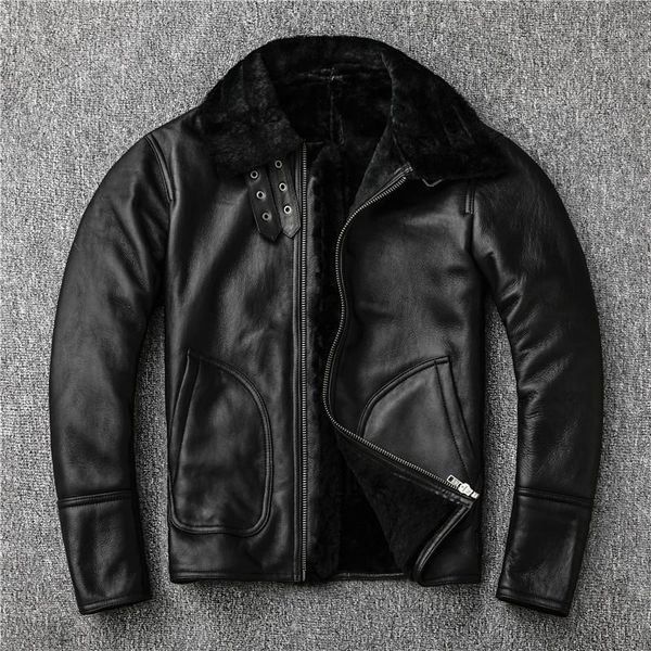 nature lambs wool fur leather leather male sheep wool warm coat motorcycle jacket1, Black