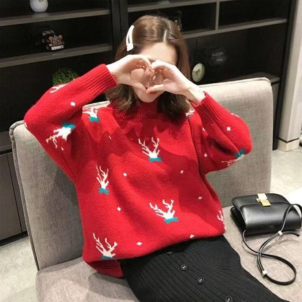 the new women loose lady classic deer printed half-turtleneck xmas knitted pullover winter warm femme red christmas sweater, White;black
the new women loose lady classic deer printed half-turtleneck xmas knitted pullover winter warm femme red christmas sweater, White;black