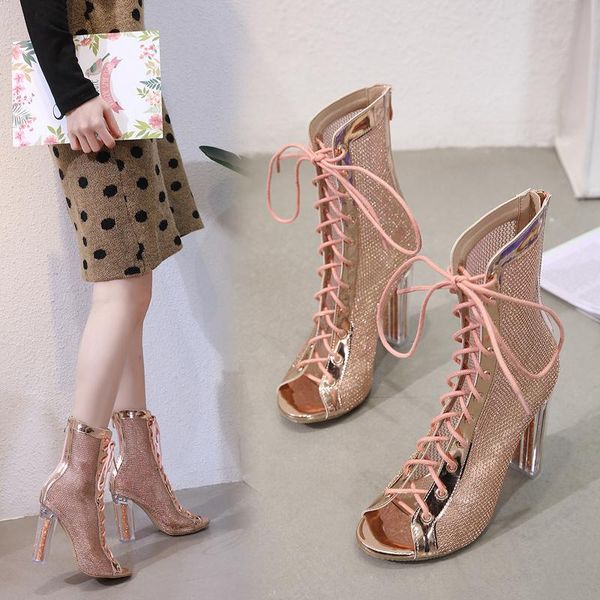 sandals ladies cross strap ankle boots open toe fish mouth women's fashion calf transparent crystal thick heels, Black
sandals ladies cross strap ankle boots open toe fish mouth women's fashion calf transparent crystal thick heels, Black