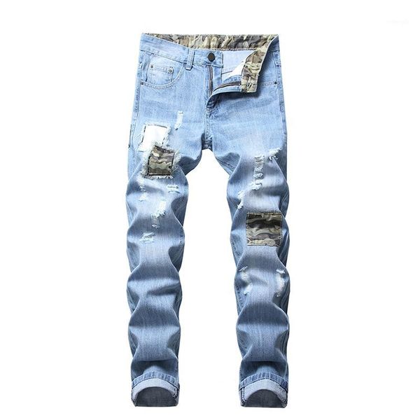 retro ripped jeans long men fashion slim fit zipper jeans denim trousers destroyed pants plus size 28-42 man1, Blue