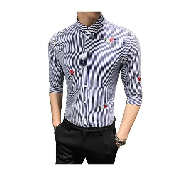 men's dress shirts 2021 men striped casual 3/4 sleeve collarless mens shirt slim fit business male social flower embroried, White;black
men's dress shirts 2021 men striped casual 3/4 sleeve collarless mens shirt slim fit business male social flower embroried, White;black