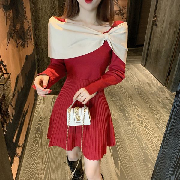 autumn 2020 new color contrast bow long sleeve knitted dress with waist closing and thin a-line pleated skirt for women
autumn 2020 new color contrast bow long sleeve knitted dress with waist closing and thin a-line pleated skirt for women