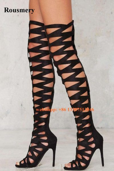 spring summer new fashion women open toe suede leather over knee gladiator boots cut-out long bandage thin high heel boots, Black
spring summer new fashion women open toe suede leather over knee gladiator boots cut-out long bandage thin high heel boots, Black