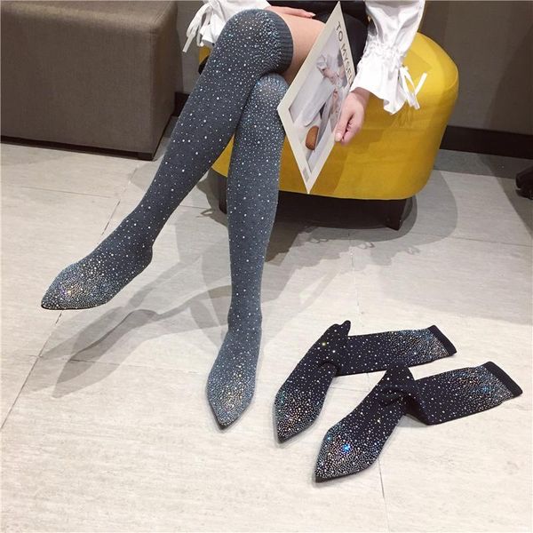 stretch fabric slimming over-the-knee women's boots 2020 spring and autumn new rhinestone flat pointed knit socks long boots, Black
stretch fabric slimming over-the-knee women's boots 2020 spring and autumn new rhinestone flat pointed knit socks long boots, Black