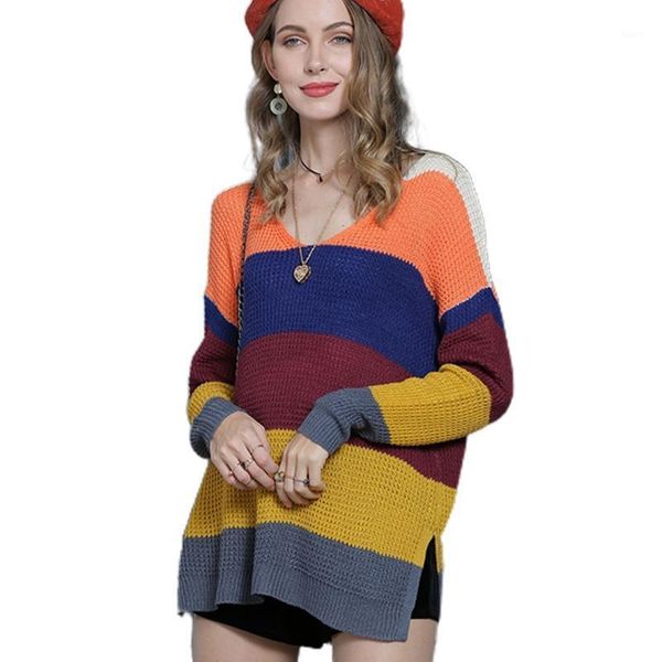 women long sleeve waffle knit sweater v-neck rainbow stripes slit tunic 2xpd1, White;black
women long sleeve waffle knit sweater v-neck rainbow stripes slit tunic 2xpd1, White;black
