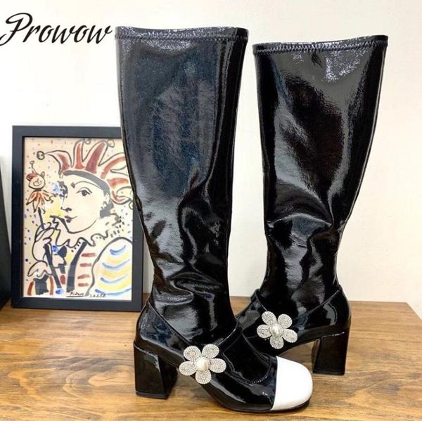 prowow new genuine leather round toe crystal floral trimmed autumn winter boots thick heel 6.5cm knee high boots zapatos mujer, Black
prowow new genuine leather round toe crystal floral trimmed autumn winter boots thick heel 6.5cm knee high boots zapatos mujer, Black