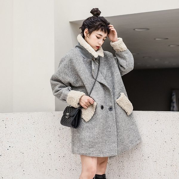 double-breasted women's coat thick fur woolen collar lamb mid-length new jujdu, Black
double-breasted women's coat thick fur woolen collar lamb mid-length new jujdu, Black