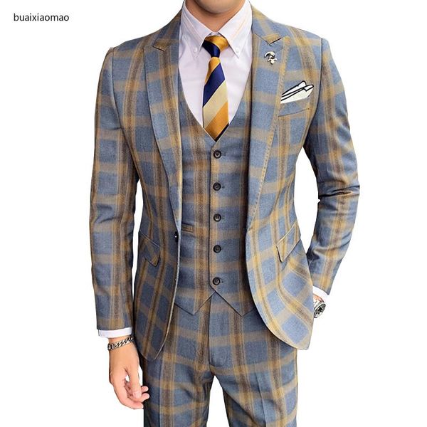 men's suits & blazers (jacket + vest pant) autumn khaki gray plaid suit sets men 2021 classic mens wedding slim fit formal business, White;black
men's suits & blazers (jacket + vest pant) autumn khaki gray plaid suit sets men 2021 classic mens wedding slim fit formal business, White;black