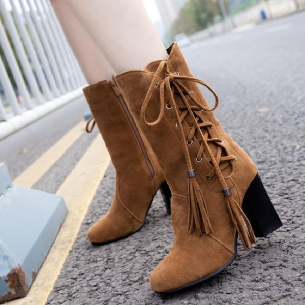 boots winter women's mid-calf high heels nubuck leather shoes lace up tassels big size 44 t186, Black
boots winter women's mid-calf high heels nubuck leather shoes lace up tassels big size 44 t186, Black
