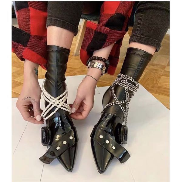 new ankle boots pointed toe socks boots women runway shoes metal buckles strap kitten heel patchwork women short boots, Black
new ankle boots pointed toe socks boots women runway shoes metal buckles strap kitten heel patchwork women short boots, Black