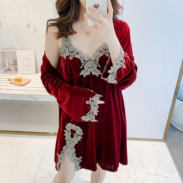 new autumn winter women's pajamas set gold velvet sleepwear sling deep v nightie lady dress robe set home clothes nightgown, Black;red
new autumn winter women's pajamas set gold velvet sleepwear sling deep v nightie lady dress robe set home clothes nightgown, Black;red