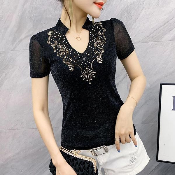 summer european clothes t-shirt shiny v-neck mesh diamonds women ropa mujer all match stretchy tees 2020 new t055021, White
summer european clothes t-shirt shiny v-neck mesh diamonds women ropa mujer all match stretchy tees 2020 new t055021, White