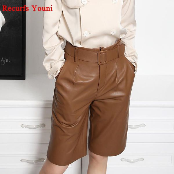 women's shorts european style genuine leather pants female handsome straight high waist suit with belt casual wide leg trousers, White;black
women's shorts european style genuine leather pants female handsome straight high waist suit with belt casual wide leg trousers, White;black