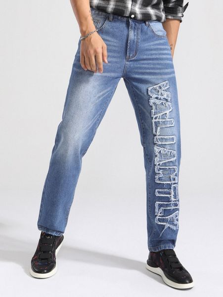 men letter patched raw trim washed jeans j1gw#, Blue