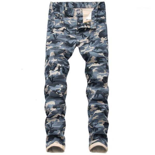 men's jeans men's camouflage personalized slim elastic printed casual pants1, Blue