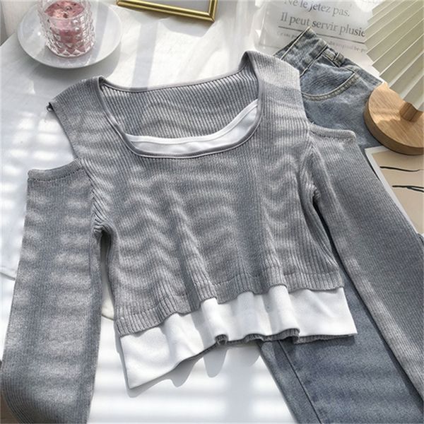 2021 new fake two piece stitching strapless short long sleeve pullover sweater women spring korean pz9o, White
2021 new fake two piece stitching strapless short long sleeve pullover sweater women spring korean pz9o, White