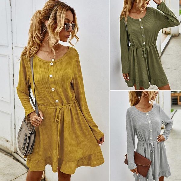 casual button front ruffle hem women's dresses o-neck long sleeve woman drawstring waist mini dress1, Black;gray
casual button front ruffle hem women's dresses o-neck long sleeve woman drawstring waist mini dress1, Black;gray