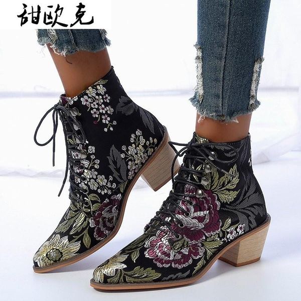 2020 winter women's boots fashion lace-up square-heel pu boots pointed toe mid-heel embroidered women's ankle botas mujer, Black
2020 winter women's boots fashion lace-up square-heel pu boots pointed toe mid-heel embroidered women's ankle botas mujer, Black