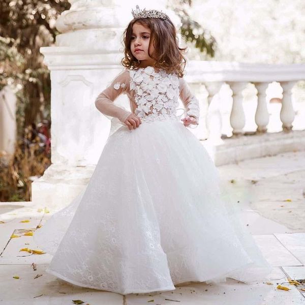 white a line lace wedding flower girls dress with long sleeve o neck hand made flower bow tie communion formal gown, White;blue
white a line lace wedding flower girls dress with long sleeve o neck hand made flower bow tie communion formal gown, White;blue