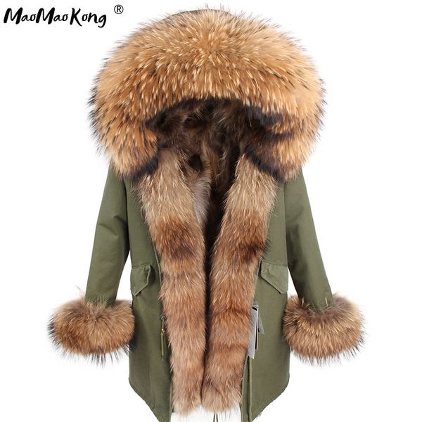 

maomaokong real fox fur coat winter jacket women long parka natural raccoon fur collar hood thick warm real fur liner parkas 201103, Black