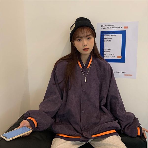 autumn and winter college style purple corduroy color matching jacket loose long-sleeved baseball uniform, Black;brown
autumn and winter college style purple corduroy color matching jacket loose long-sleeved baseball uniform, Black;brown