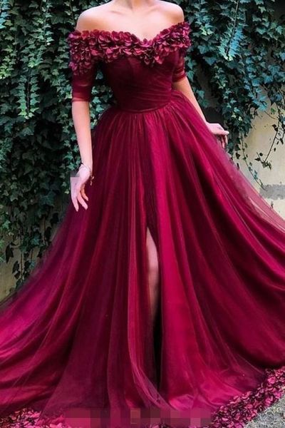 2021 dark fuchsia prom dresses vestidos fiesta hand made flowers v neck half sleeves vestidos fiesta side slit evening party gowns, Black;red
2021 dark fuchsia prom dresses vestidos fiesta hand made flowers v neck half sleeves vestidos fiesta side slit evening party gowns, Black;red