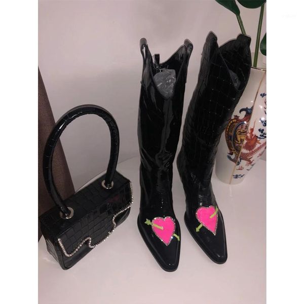 fashion womens knee high boots pointed toe patent leather pink heart pattern high heels shoes k481, Black
fashion womens knee high boots pointed toe patent leather pink heart pattern high heels shoes k481, Black