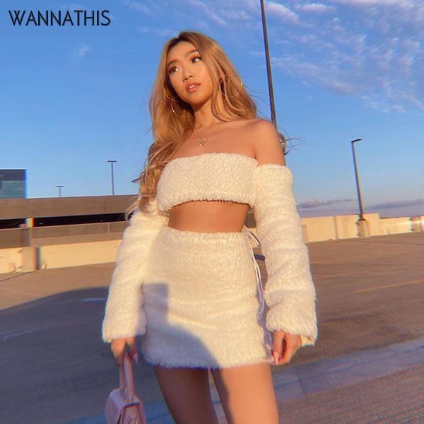 wannathis plush two piece set women long sleeve strapless back bandage crop and women's skirt white casual streetwear, Gray
wannathis plush two piece set women long sleeve strapless back bandage crop and women's skirt white casual streetwear, Gray