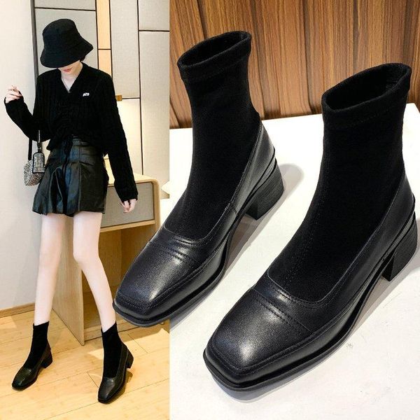 boots women thick work short booties patchwork flock&pu leather shoes woman square toe riding all-match medhigh heels sock botas, Black
boots women thick work short booties patchwork flock&pu leather shoes woman square toe riding all-match medhigh heels sock botas, Black
