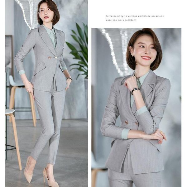 fashion grey blazer women business suits with pant and jacket sets office ladies work wear uniform styles, White 
fashion grey blazer women business suits with pant and jacket sets office ladies work wear uniform styles, White