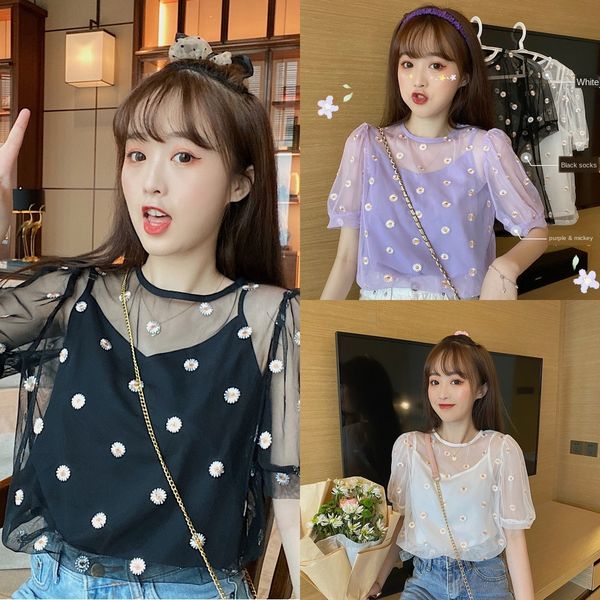 2020 summer elegant fashion korean style gauze daisy embroidered bubble sling embroidery embroidery sleeve t-shirt with two pieces of s, White
2020 summer elegant fashion korean style gauze daisy embroidered bubble sling embroidery embroidery sleeve t-shirt with two pieces of s, White