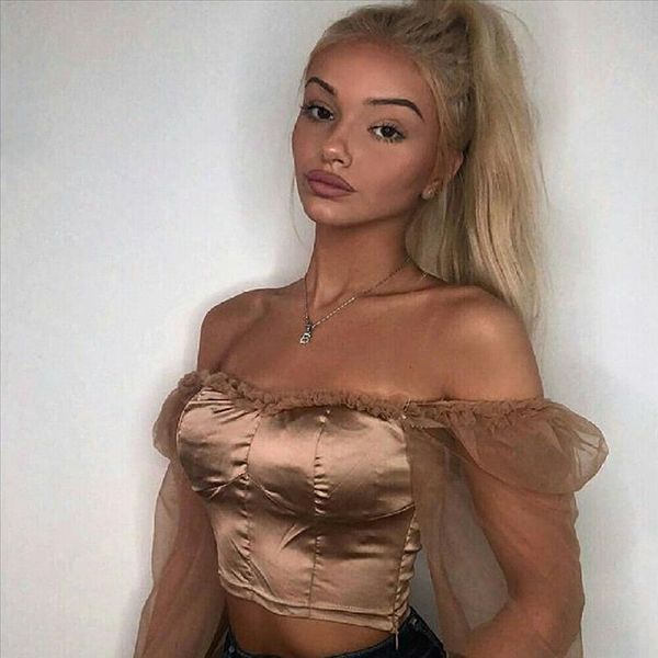 square neck satin silk lace patchwork women off shoulder cropped sheer shirts mesh puff sleeve blouse slim fit, White
square neck satin silk lace patchwork women off shoulder cropped sheer shirts mesh puff sleeve blouse slim fit, White