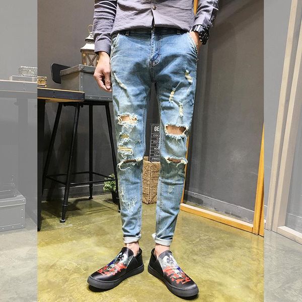 nice spring and summer korean version of the tide simple loose tight elastic social wind casual retro big hole jeans, Blue
nice spring and summer korean version of the tide simple loose tight elastic social wind casual retro big hole jeans, Blue