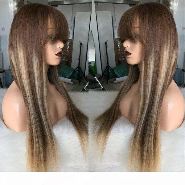 180density peruvian highlight full lace wigs with bangs transparent lace 13x6 deep part front human hair fringe wigs, Black;brown 
180density peruvian highlight full lace wigs with bangs transparent lace 13x6 deep part front human hair fringe wigs, Black;brown