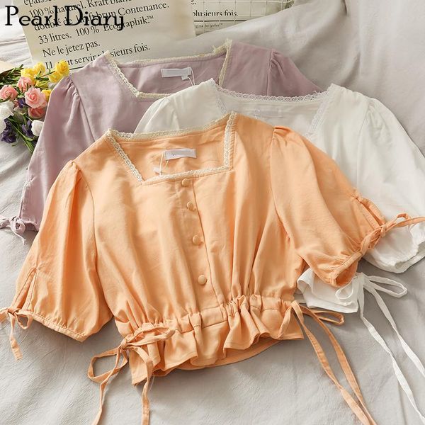 pearl diary women fashion blouses square lace neckline buttons front puff sleeve summer crop blouse drawstring waist short top, White
pearl diary women fashion blouses square lace neckline buttons front puff sleeve summer crop blouse drawstring waist short top, White