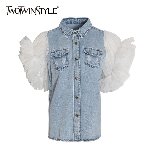 twotwinstyle ruffles denim patchwork women's jacket lapel collar puff sleeve summer long coats female y200101, Black;brown
twotwinstyle ruffles denim patchwork women's jacket lapel collar puff sleeve summer long coats female y200101, Black;brown